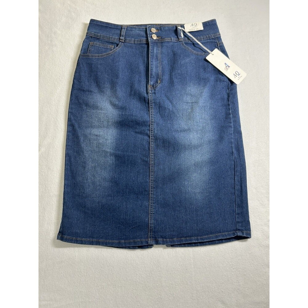 American Quality Women's Straight Skirt 1X Blue Denim Rear Slit Stretch NEW 272
